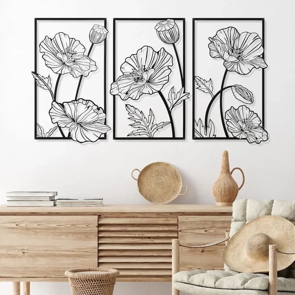 3Pcs Black Art Minimalist Flower Wall Decor – Bedroom, Bathroom, Kitchen Floral Wall Sculpture, Elegant Home Decoration - Image 3