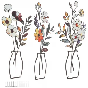 Metal Flowers Wall Decor Metal Vase Wall Art Metal Wall Decor Sculptures Hanging for Indoor Kitchen Bathroom Dining Room Bedroom