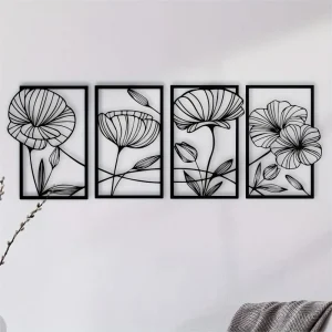 4-Piece Metal Lotus Flower Wall Decor - Abstract Floral Splicing Line Art | Minimalist Hanging Wall Sculpture