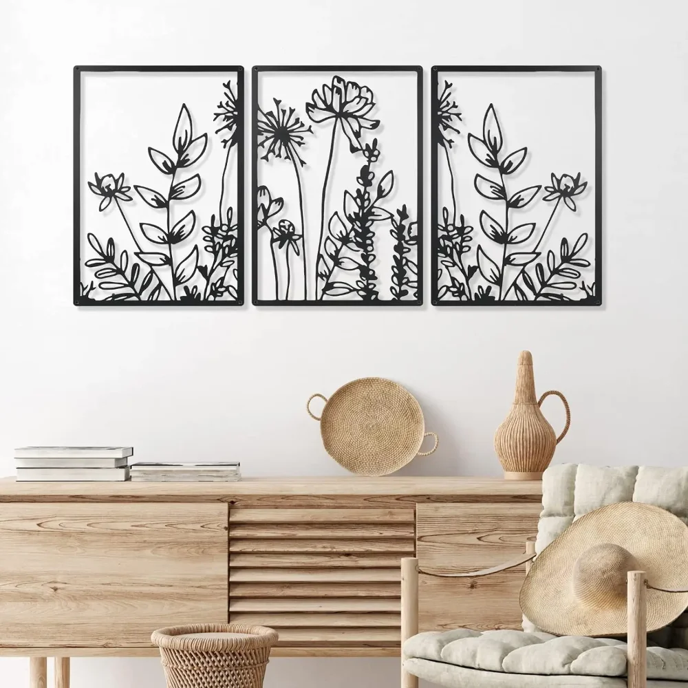 3Pcs Black Art Minimalist Flower Wall Decor – Bedroom, Bathroom, Kitchen Floral Wall Sculpture, Elegant Home Decoration